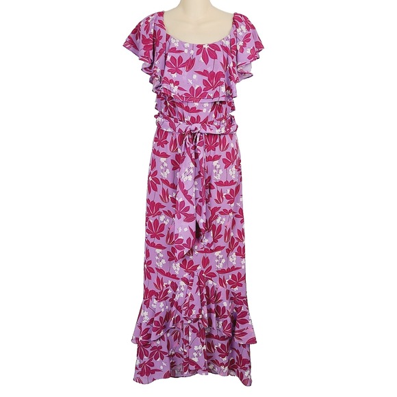 NEW Sachin &‎ Babi Purple Floral Midi Dress Ruffle Layered Flutter Sleeve 8 - Picture 1 of 11
